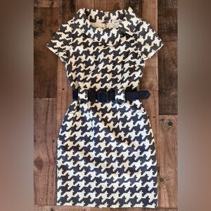 Chetta B Houndstooth Belted Dress Size 6 Cream Gray